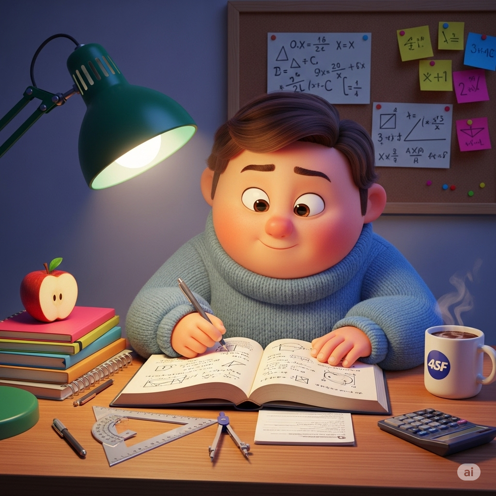 Illustration of a student happily studying mathematics with books and a lightbulb